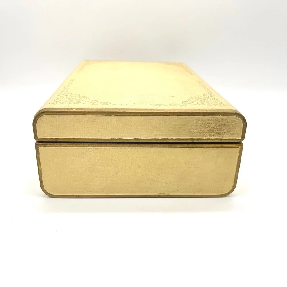 Vintage Farrington Jewelry Box Cream Faux Leather Gold Scrollwork Purple Velvet